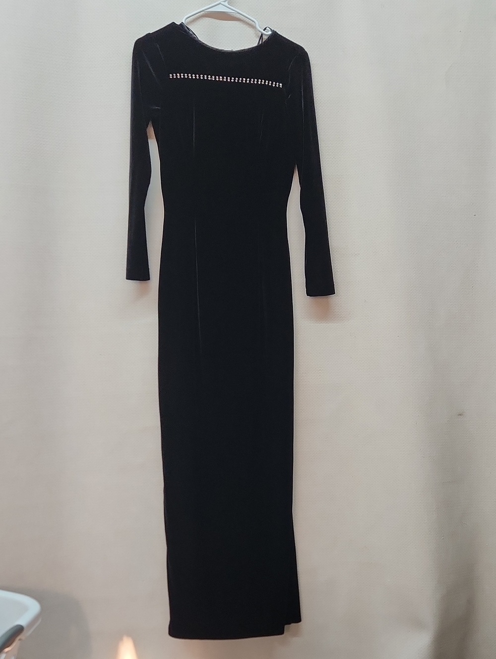 Jessica McClintock Black Velvet Long-Sleeve Rhinestone Trim Gown